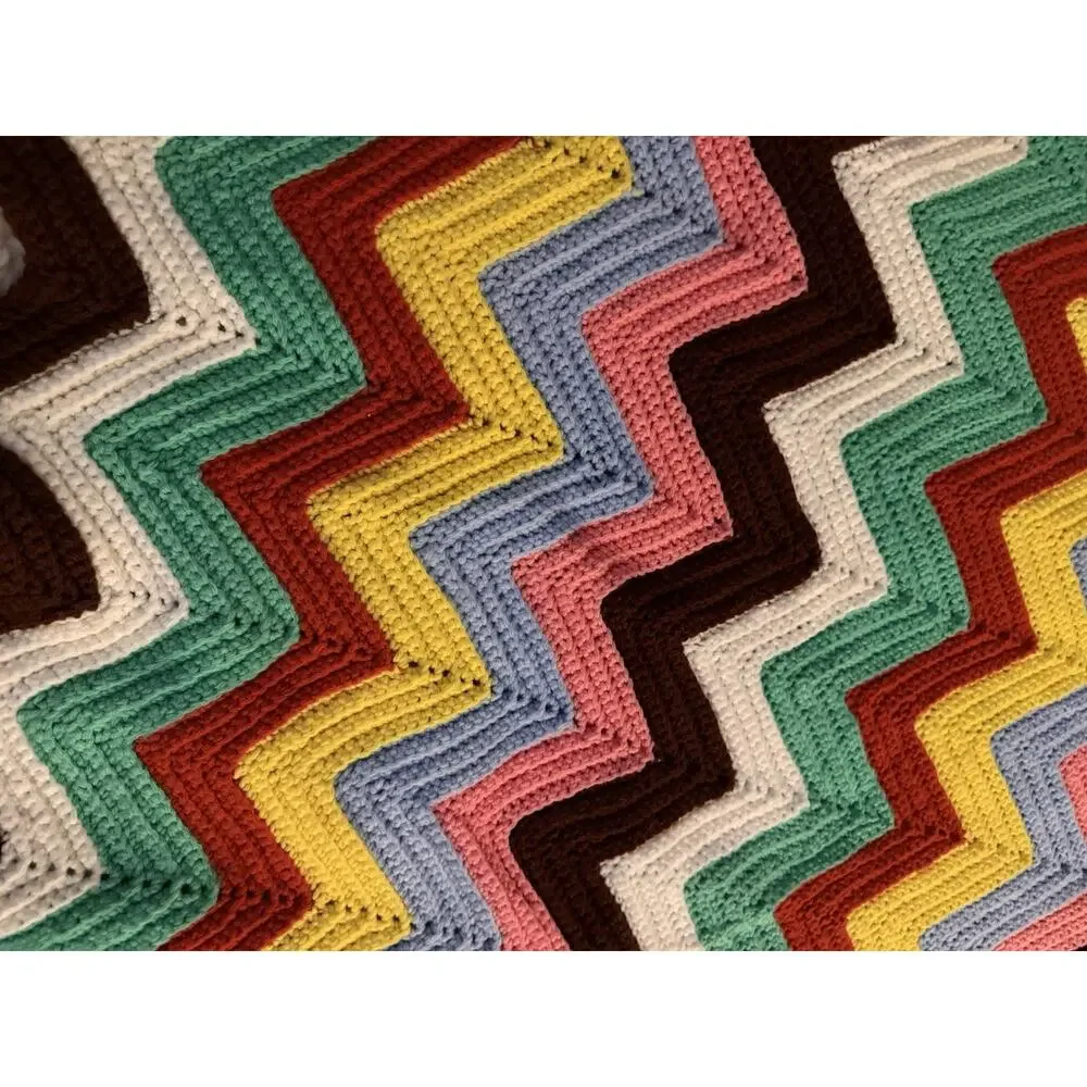 VTG Crochet Afghan Blanket Zig Zag green Brown Chevron Colors Grandma 48 X 78